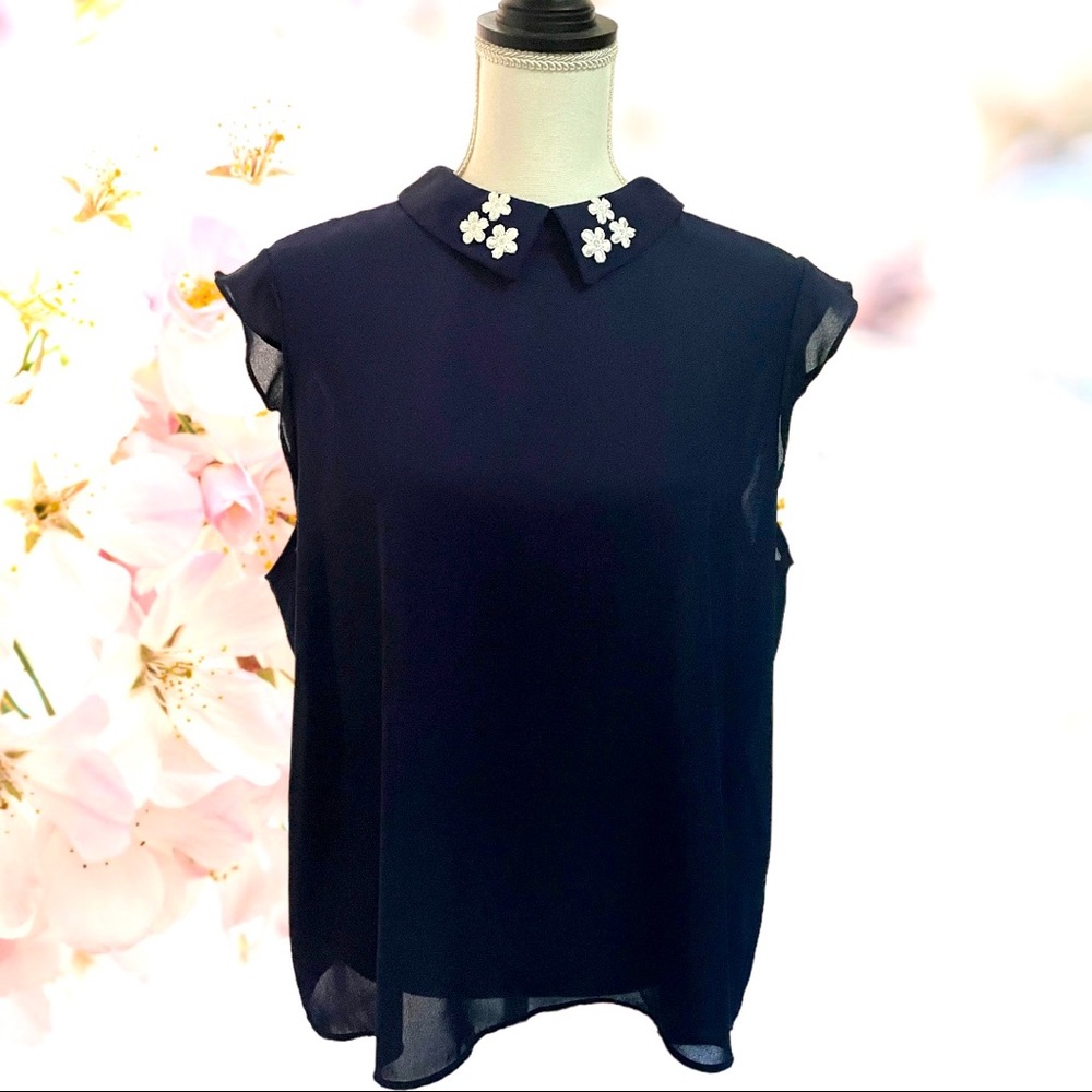 Sheer blouse with embroiled flowers on collar